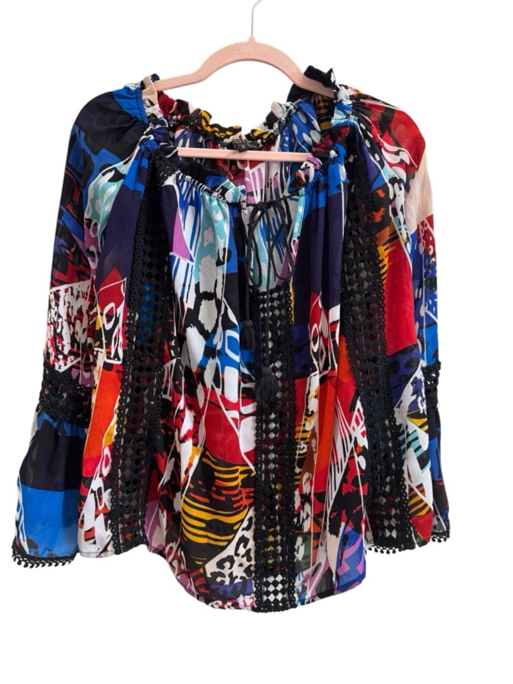 Alberto Makali Multicolor Peasant Crochet Trim Blouse
